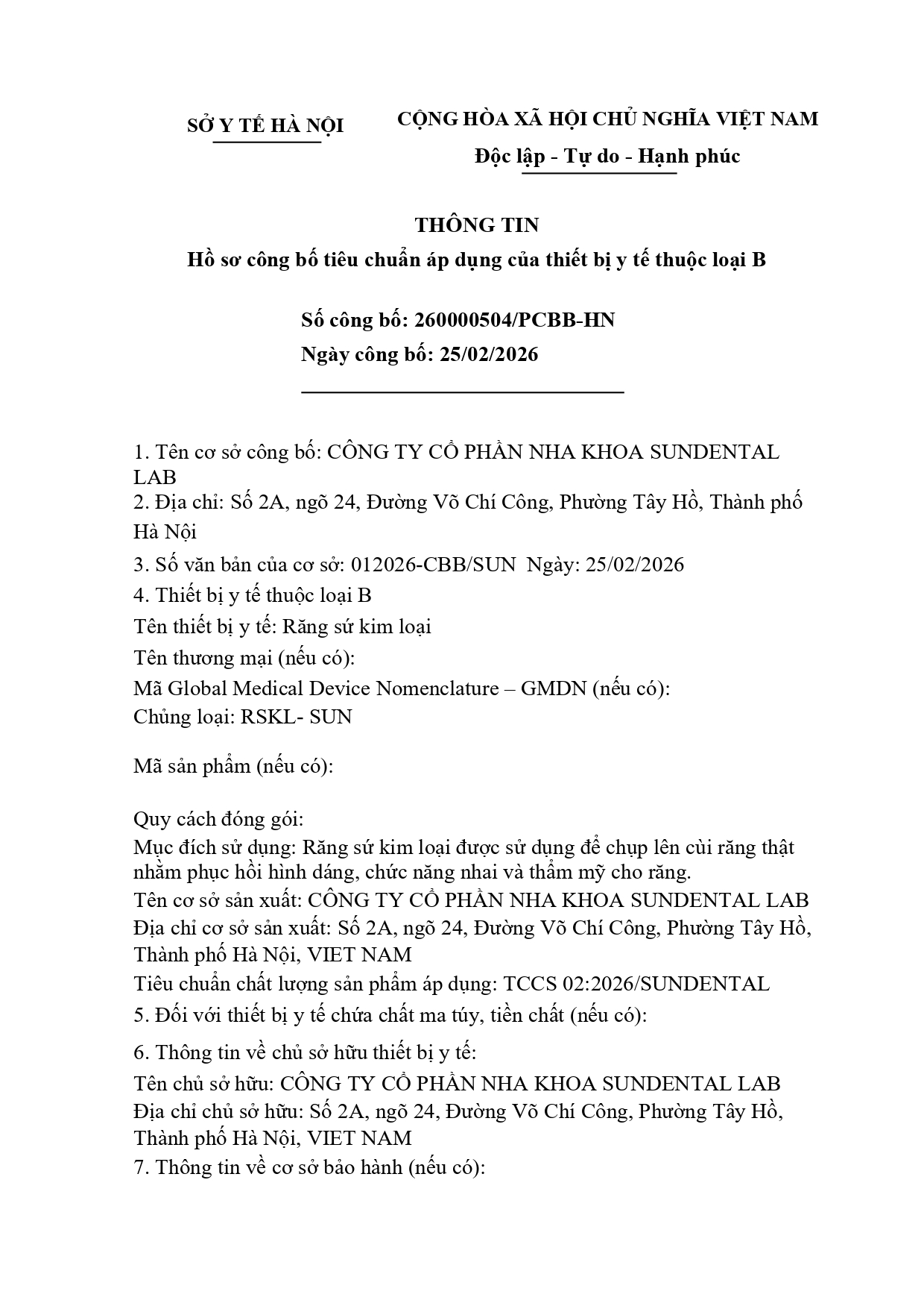 Công bố sản phẩm sứ kim loại 