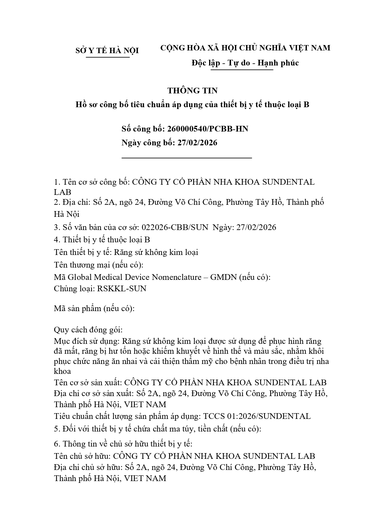 Công bố sản phẩm sứ không kim loại 